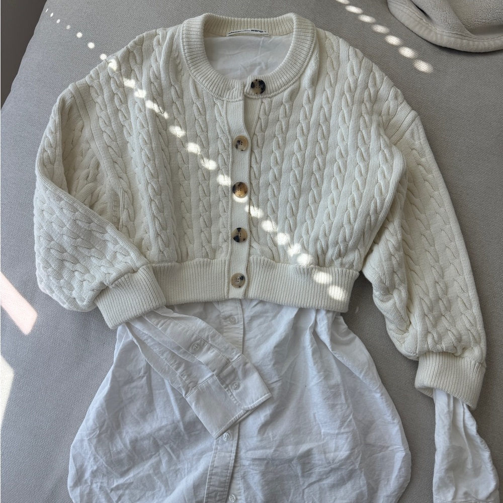 Alexander Wang Bi Layered Cable Knit Cardigan Sweater Oxford Shirt S